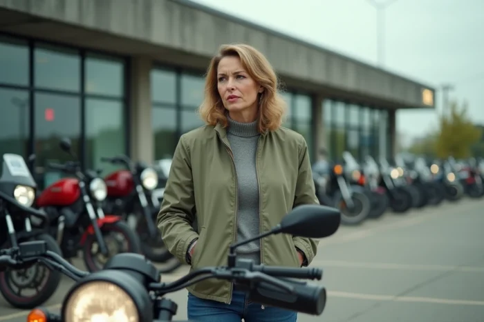 Femme examinant le compteur kilométrique d'une moto d'occasion chez un concessionnaire, 20000 km au compteur