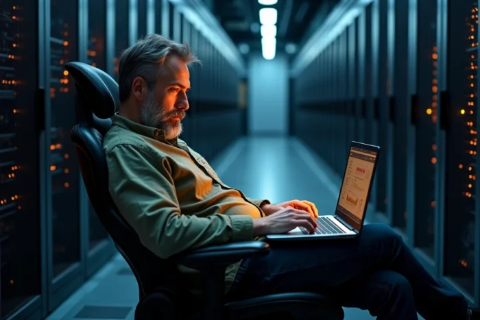 Administrateur système analysant des performances web sur Linux dans une salle de serveurs professionnelle