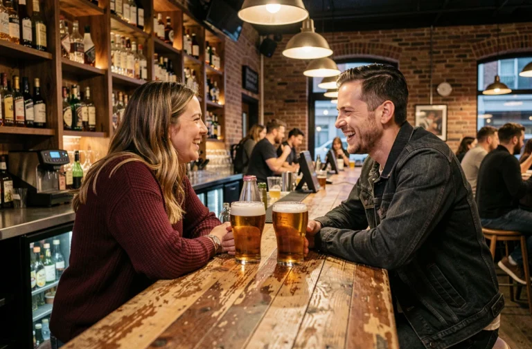Deux amis qui rient au comptoir d'un bar en brique avec des bières artisanales