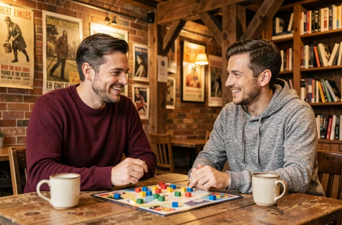 Deux amis jouant à un jeu de société dans un café chaleureux, idée de loisir convivial entre amis