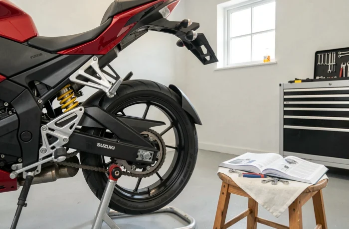 Suspension arrière et amortisseur d'une Suzuki GSX 600R exposés dans un garage avec manuel technique et outils