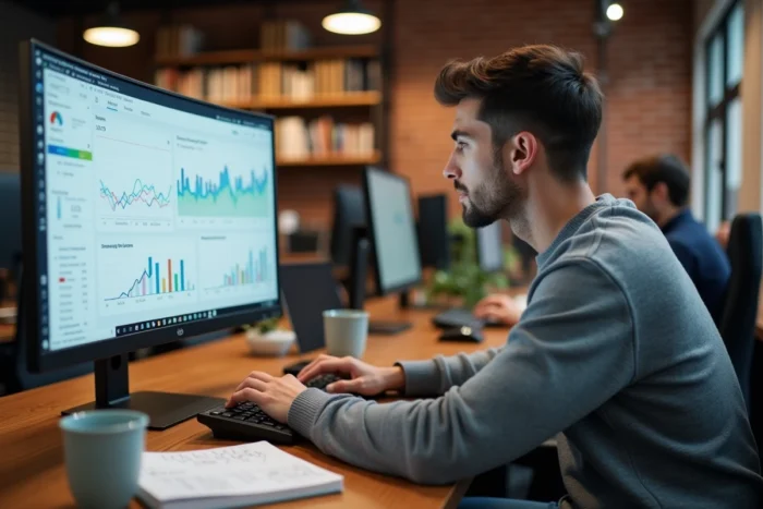 Jeune professionnel analysant des tableaux de bord d'analytics pour optimiser une campagne marketing digitale