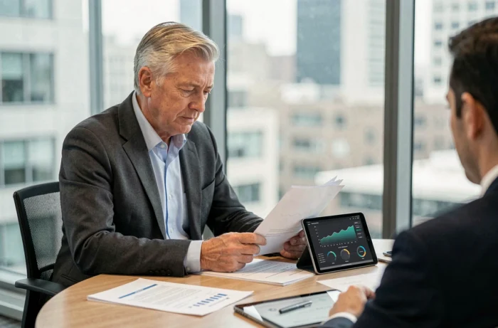 Homme d'affaires senior analysant des rapports financiers en salle de réunion illustrant la gestion du patrimoine et des investissements d'Emmanuel de Villiers
