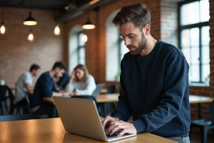 Professionnel du marketing digital analysant des statistiques d'influence sur un ordinateur portable dans un espace de co-working moderne
