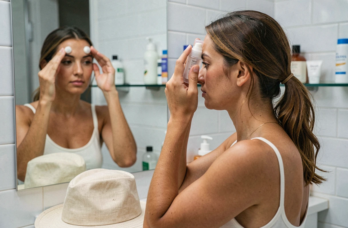 Femme appliquant un anti-transpirant sur le front avant de mettre son chapeau d'été