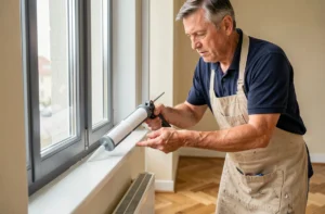 Artisan appliquant du silicone sur le joint d'une fenêtre à double vitrage dans un appartement moderne