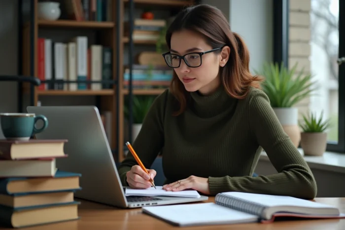 Femme en cours d'autoformation en ligne pour obtenir sa certification de coach parental depuis son bureau à domicile