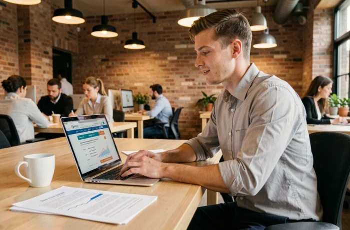 Jeune avocat fiscaliste travaillant sur des conventions fiscales internationales dans un espace de coworking moderne