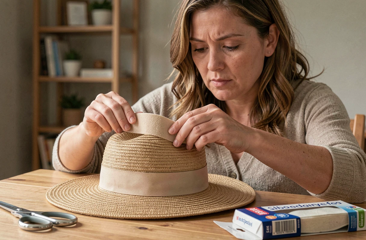 Femme collant une bande absorbante anti-transpiration à l'intérieur d'un chapeau de paille