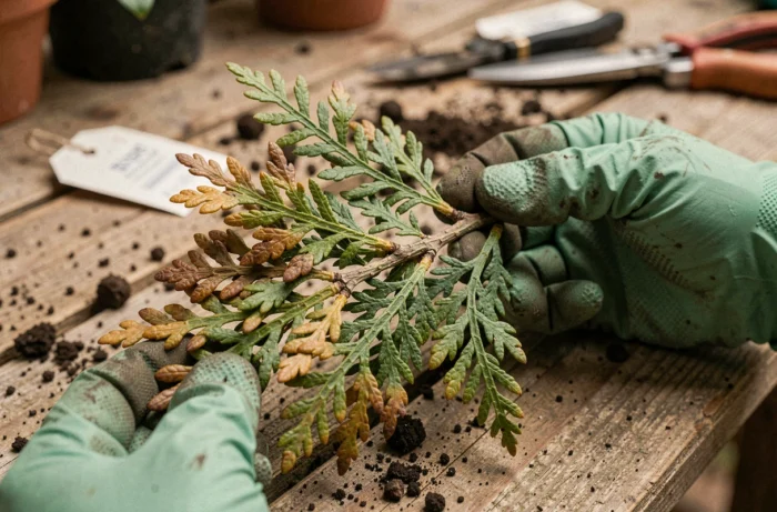 Gros plan d'une branche de thuya tenue par un jardinier ganté montrant des feuilles brunies et des signes de maladie