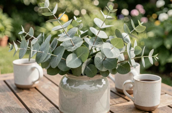 Branches d'eucalyptus fraîches dans un vase posé sur une table de jardin pour protéger de façon naturelle des moustiques
