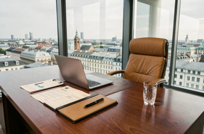 Bureau directorial luxueux avec vue sur la ville symbolisant les investissements et revenus d'un entrepreneur de haut niveau comme Emmanuel de Villiers
