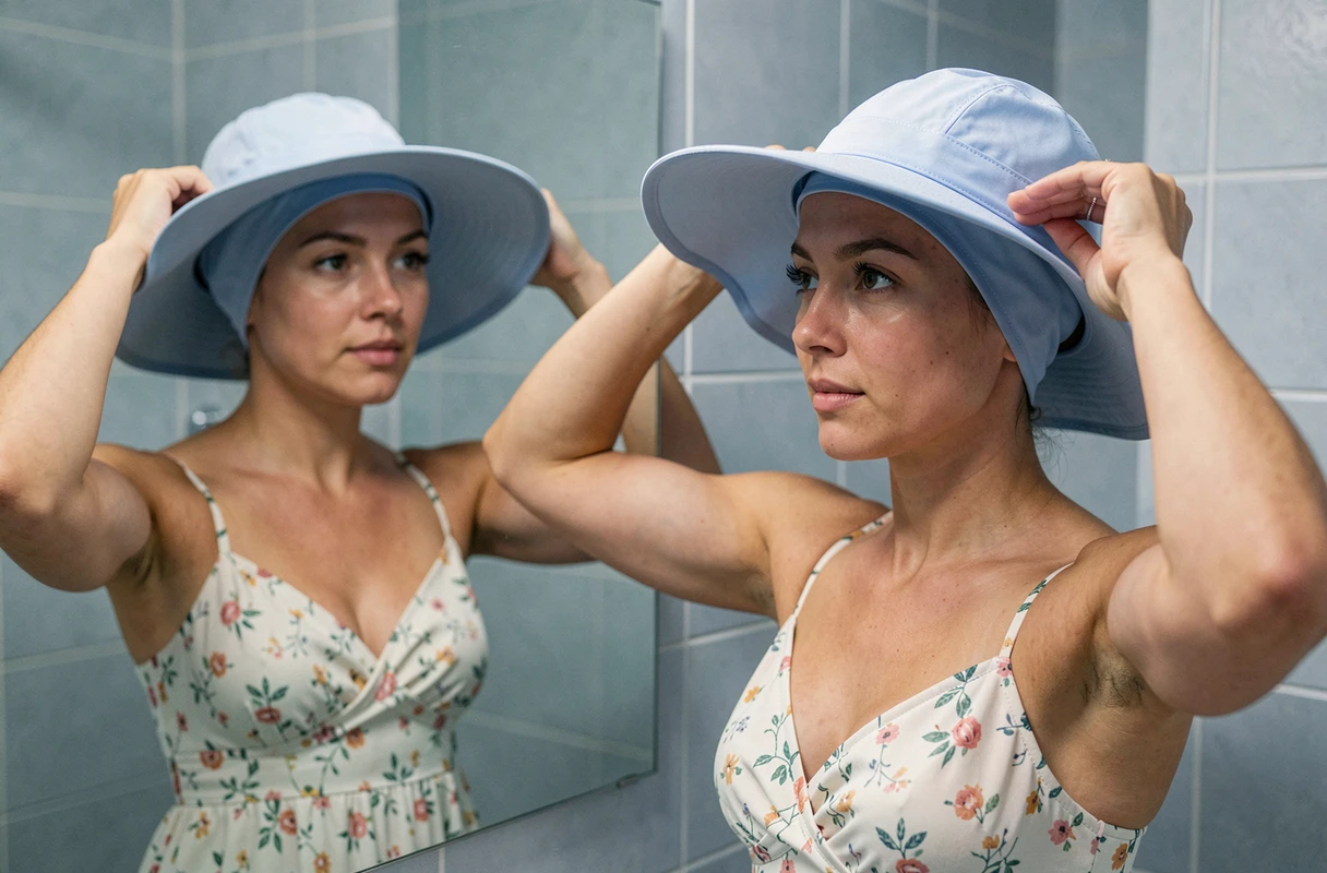Femme enfilant un calot rafraîchissant sous son chapeau d'été devant un miroir