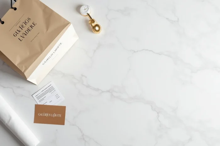Carte cadeau Galeries Lafayette posée sur marbre avec sac et reçu pour guide d'utilisation
