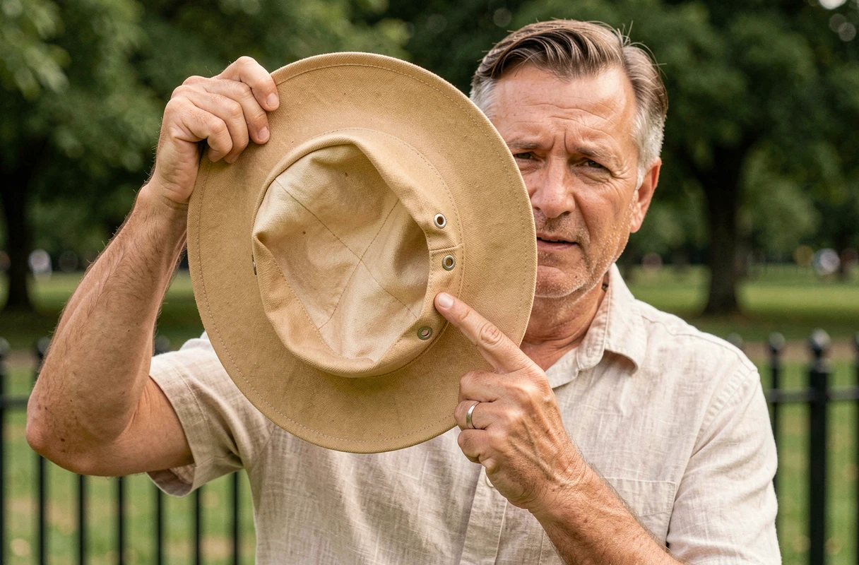 Homme montrant les oeillets et aérations latérales d'un chapeau d'été pour la ventilation