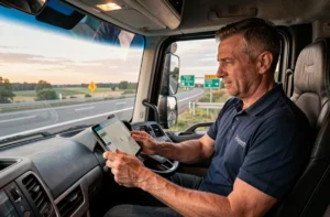 Chauffeur routier professionnel français consultant une tablette numérique dans la cabine d'un camion semi-remorque moderne sur autoroute