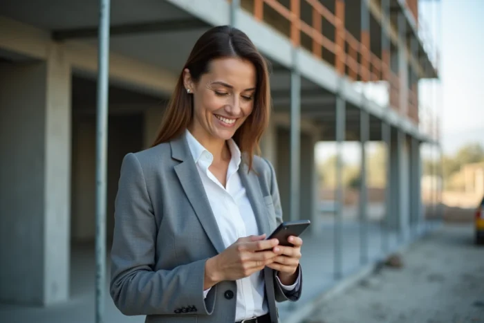 Chef de projet femme sur chantier de construction utilisant une application mobile pour sécuriser ses travaux