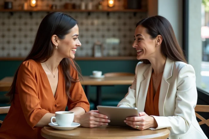 Deux professionnelles du marketing d'influence collaborant sur une stratégie de partenariat de marque autour d'une tablette dans un café parisien