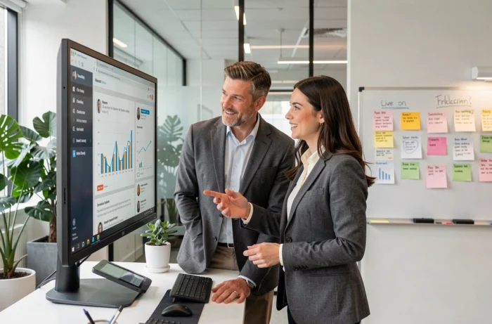 Deux professionnels collaborant sur la stratégie de contenu d'un blog d'entreprise dans un bureau moderne