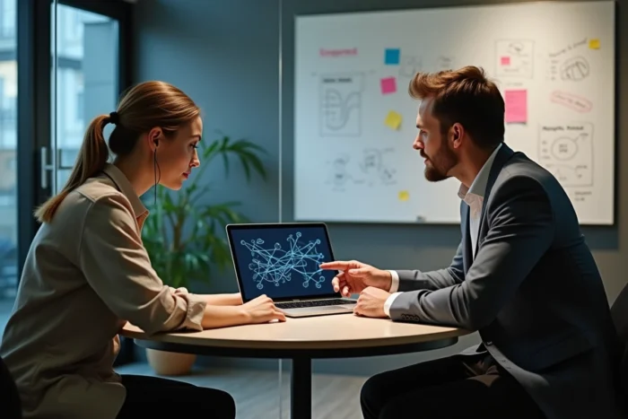 Deux collègues collaborant sur une stratégie de netlinking et de gestion de contacts en réunion