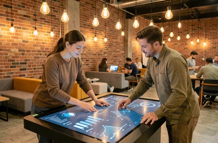 Deux professionnels collaborant sur une table tactile interactive avec des données IA dans un espace de co-working moderne, innovation numérique