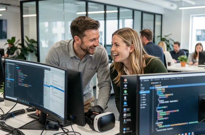 Deux collègues collaborant autour d'un poste de travail high-tech avec casque VR et écrans ultrawide dans un bureau de startup innovant