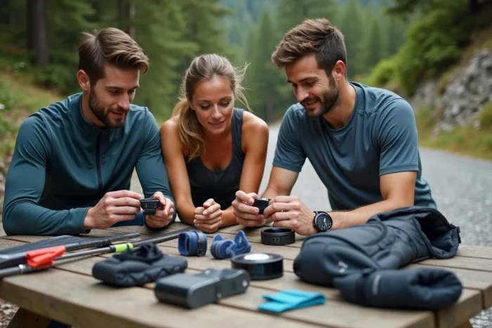 Groupe d'athlètes comparant des équipements sportifs outdoor sur une table en bois en plein air