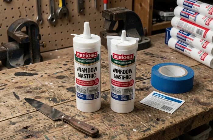 Comparaison entre un tube de mastic et un tube de silicone pour l'étanchéité des fenêtres posés sur un établi d'atelier