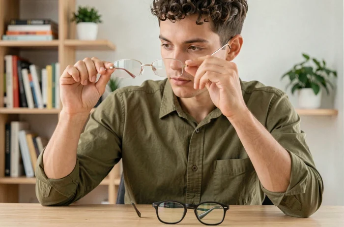 Jeune homme comparant des verres de lunettes à indice élevé et des verres standard pour choisir la bonne épaisseur
