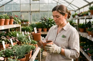Femme comparant les prix de pots de fleurs dans une jardinerie pour faire des économies