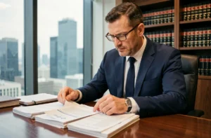 Comptable professionnel analysant des documents fiscaux internationaux dans un bureau d'entreprise moderne