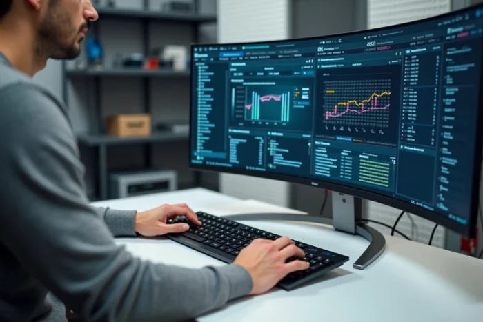 Mains de technicien configurant un environnement de virtualisation VDI sur un logiciel de gestion hyperviseur