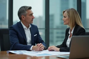 Conseiller bancaire professionnel en réunion avec une cliente dans un bureau moderne, discutant de documents financiers et de stratégies d'investissement