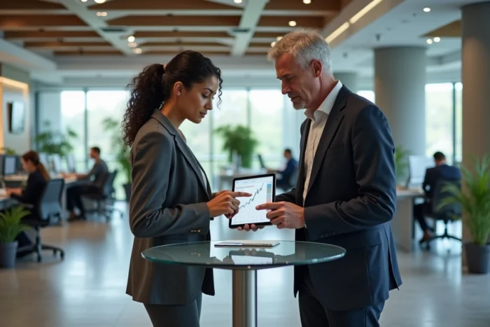 Conseillère bancaire féminine présentant un portefeuille d'investissement sur tablette numérique à un client dans une agence bancaire moderne en open space