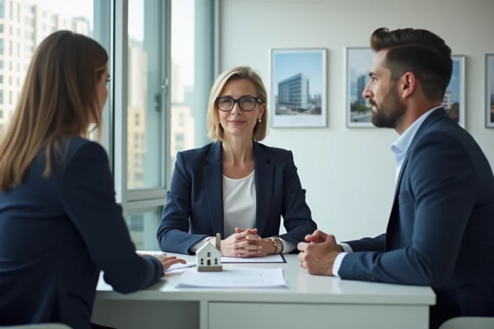 Femme consultant un agent immobilier dans une agence moderne pour finaliser un contrat d'achat immobilier