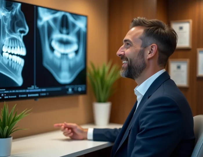 Patient en consultation avec un dentiste à l'étranger, analyse de radiographies dans un cabinet moderne