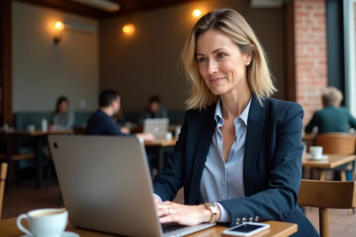 Femme travaillant dans un café et convertissant un fichier Pages en PDF sur MacBook Air