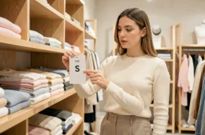 Jeune femme tenant une étiquette taille S dans une boutique de vêtements, entourée de vêtements soigneusement pliés sur des étagères en bois clair