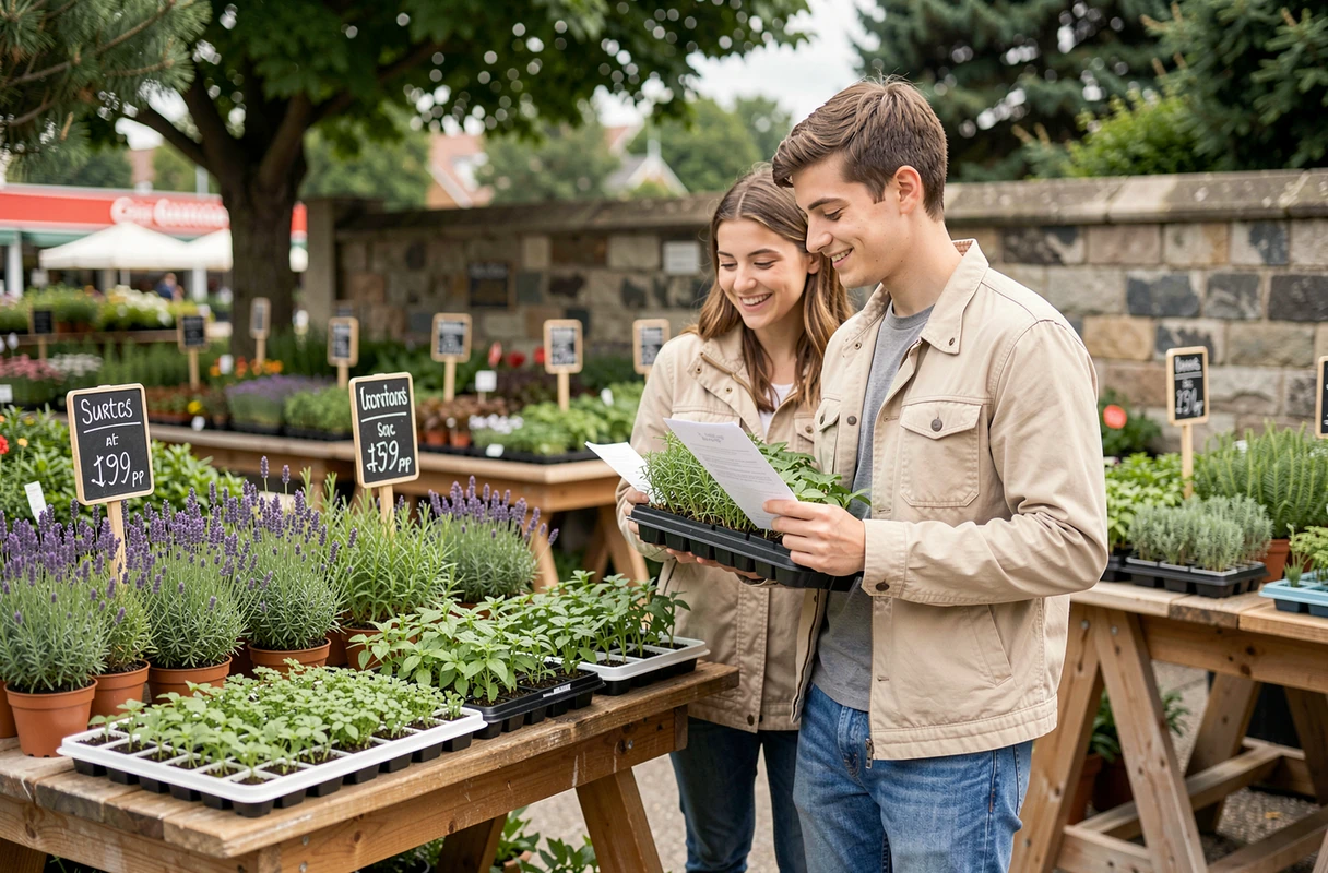 Couple achetant des plants d'herbes aromatiques à prix réduit sur un marché de jardinerie