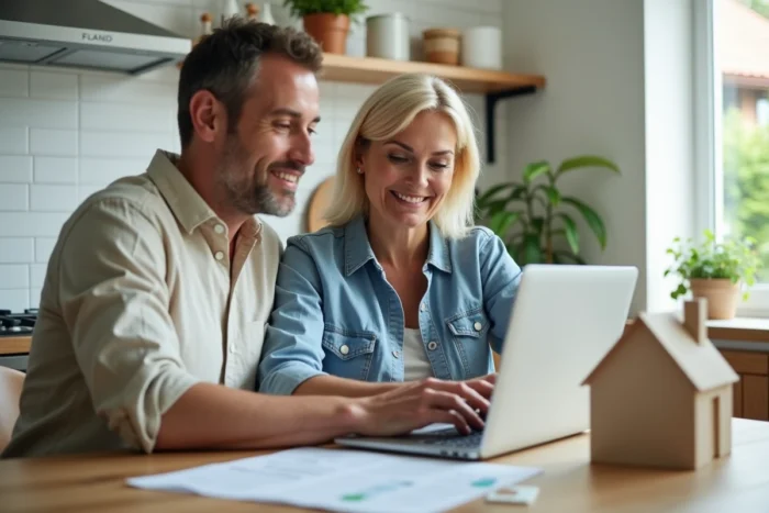 Couple consultant les délais de déblocage de fonds immobiliers sur un ordinateur portable à domicile