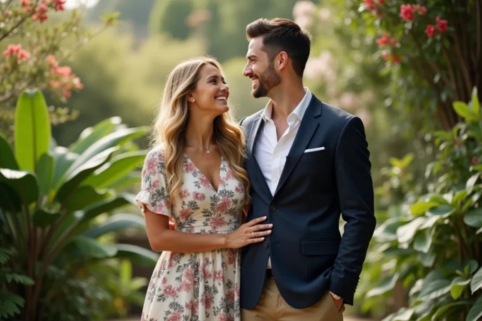 Couple souriant dans un jardin botanique, femme blonde en robe florale et homme grand en blazer marine, portrait style magazine