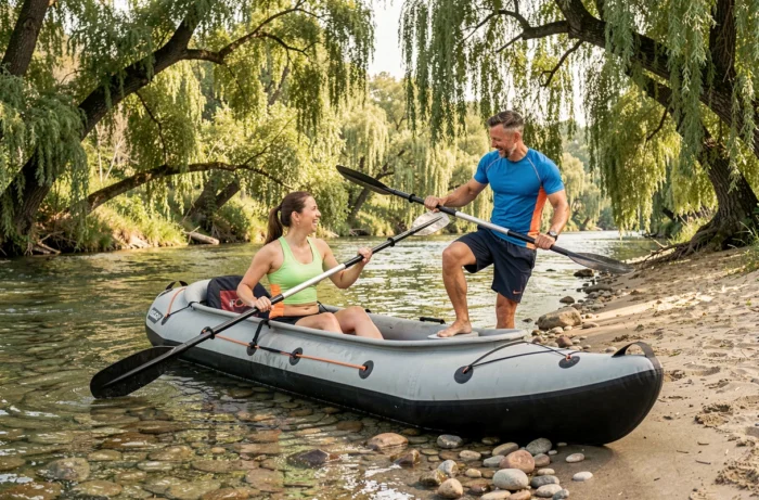 Couple s'aidant mutuellement à monter dans un kayak gonflable biplace sur une plage de rivière sablonneuse