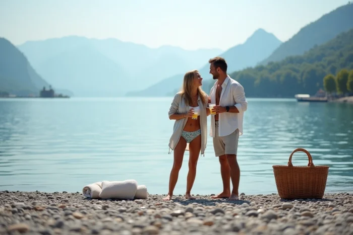 Couple profitant d'une plage privée en bord du lac d'Annecy avec vue sur le château et les Alpes