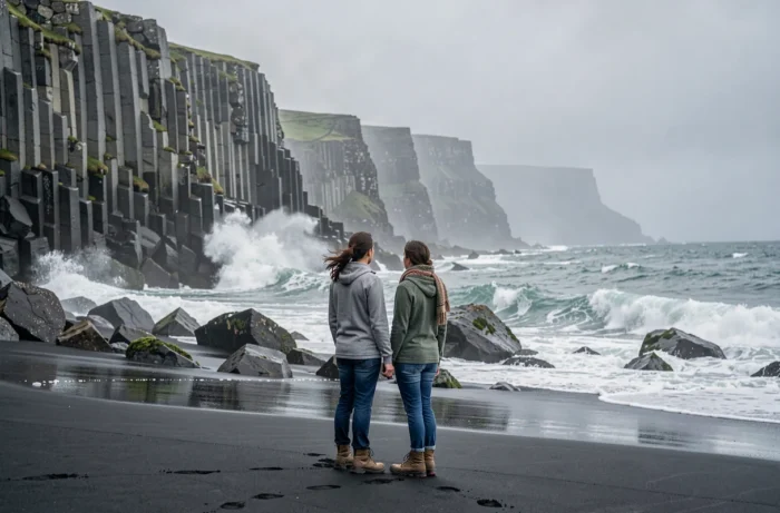 Couple de voyageurs face aux falaises de basalte et à la plage de sable noir sur une île volcanique isolée