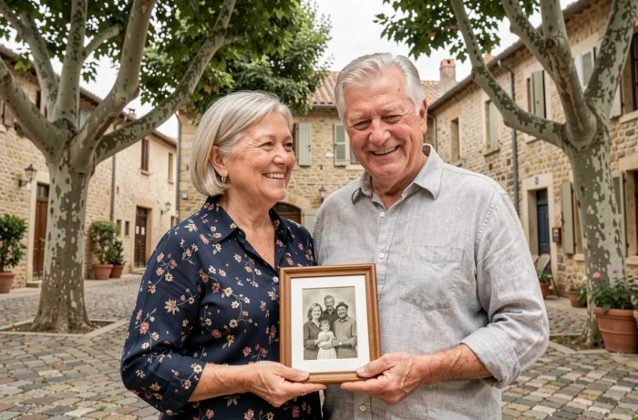 Couple de personnes âgées tenant un portrait de famille ancien dans un village du sud de la France aux façades en pierre