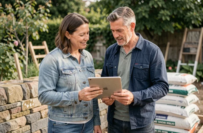 Couple consultant des plans de rénovation sur tablette devant un mur de jardin en pierre en construction
