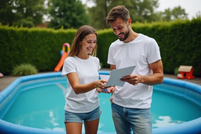 Couple lisant les instructions pour régler le niveau d'eau d'une piscine tubulaire hors sol dans un jardin familial
