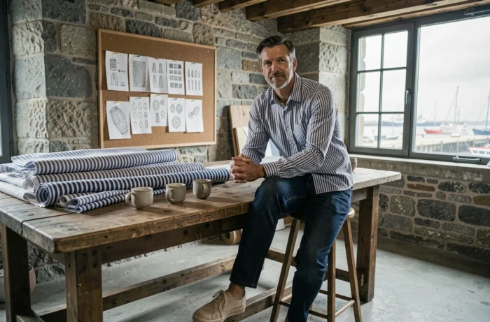 Créateur de mode breton travaillant dans un atelier en pierre à Brest entouré de tissus rayés et de patrons de couture