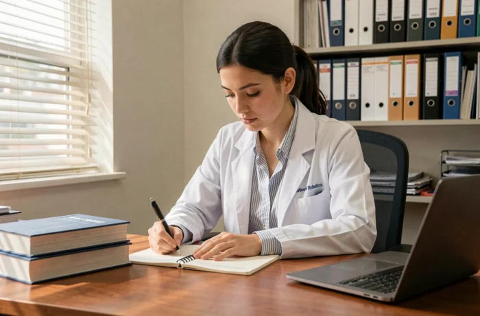 Jeune femme en blouse blanche prenant des notes dans un bureau professionnel, évoquant les obligations déontologiques dans le secteur médical ou juridique