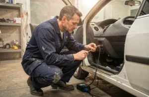 Technicien automobile désactivant l'anti-démarrage d'une Renault Clio 2 avec un outil OBD connecté sous le tableau de bord